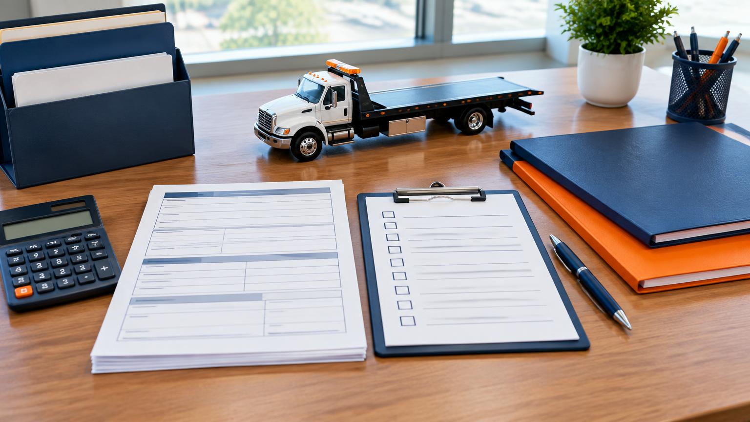 California tow truck licensing forms, checklist, calculator, and flatbed model on an office desk