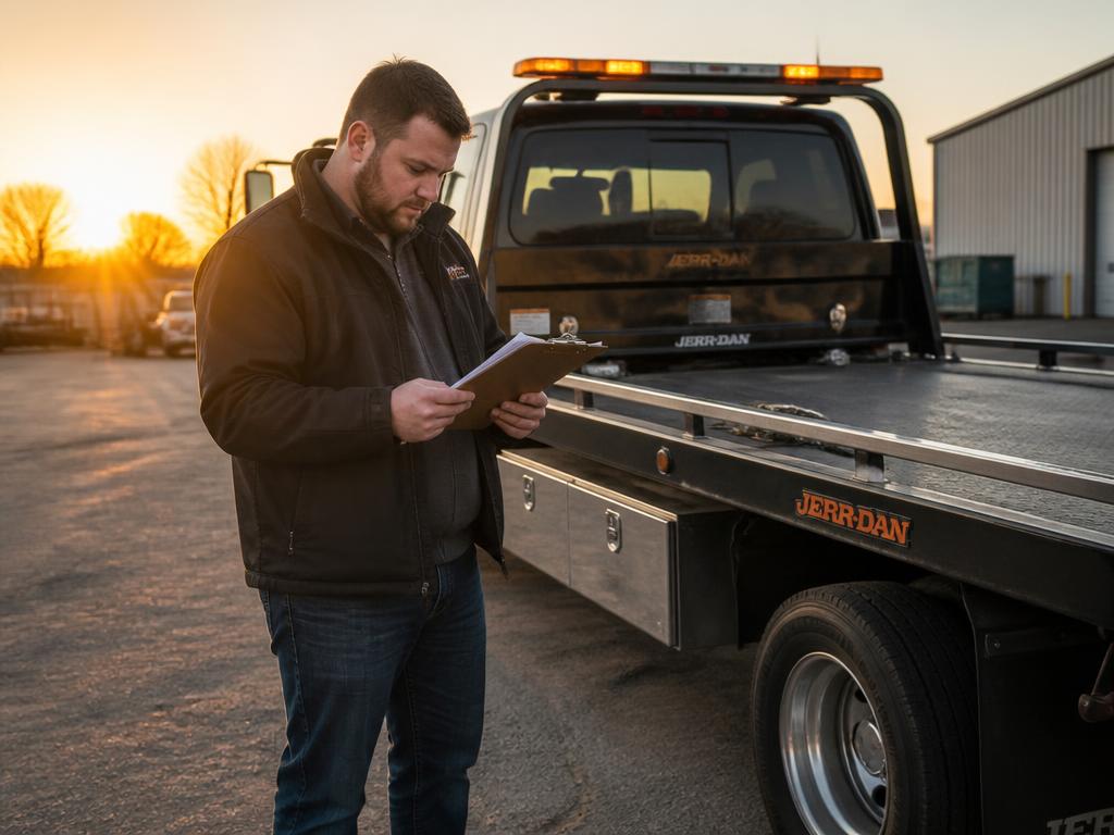 Independent tow truck owner-operator with his own light-duty flatbed at sunrise